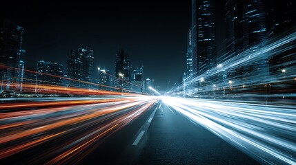 Obraz premium Smart digital city with high speed light trail of cars of digital data transfer