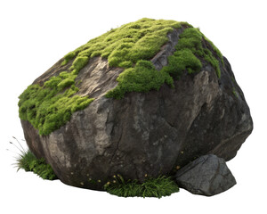 Large Natural Rock Covered With Lush Green Moss Surrounded By Small Plants On Transparent Background