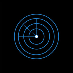 Radar screen icon. Navigation pulse symbol. Vector tracking emblem. Blue black background.