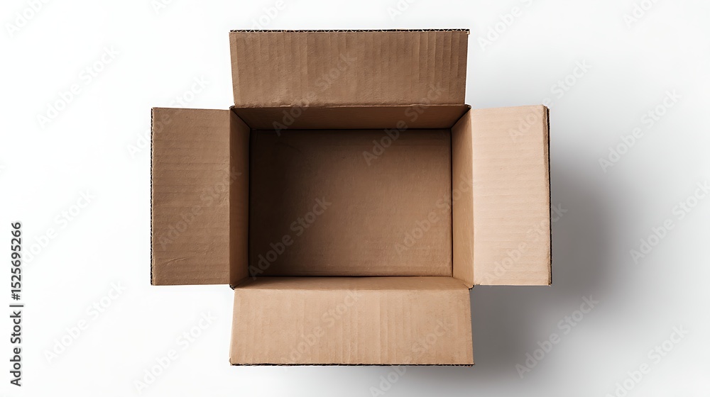 Poster top view open cardboard box on white background