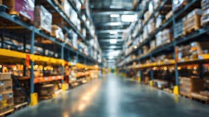 Obraz premium Warehouse industry blur background with logistic wholesale storehouse, blurry industrial silo interior aisle for furniture merchandise inventory and wood material, construction supplies big box store