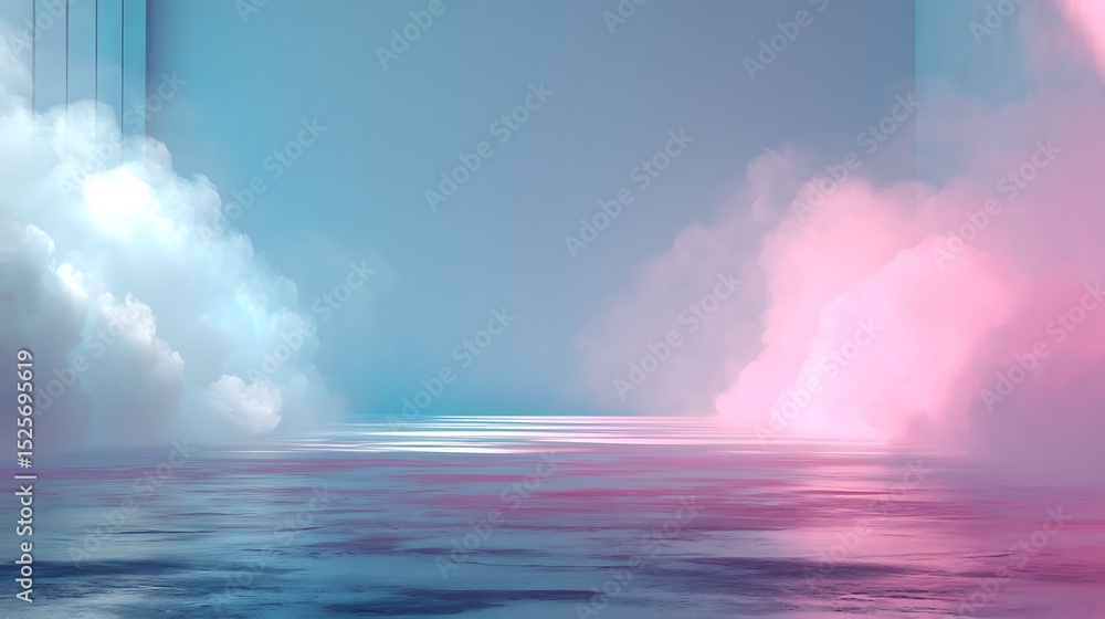 Poster a beautiful light blue background with white smoke trailing across the floor with pink lighting, abs