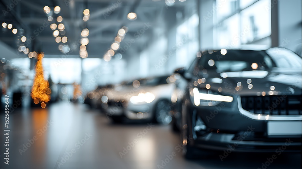 Poster a blurred view of a car showroom with new cars on display, creating an abstract backdrop