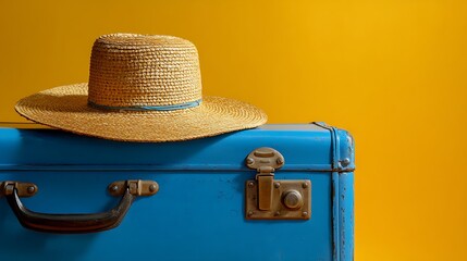 A blue suitcase with a straw hat on top