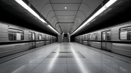 A black and white photo of a subway