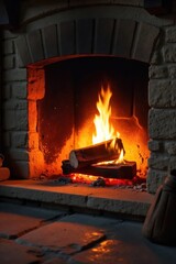 Close-up of a rustic wood-burning stove glowing warmly, embers visible, casting a comforting light on a stone hearth Perfect for home, cozy, winter, comfort themes , warmth, brown, wood burning stove