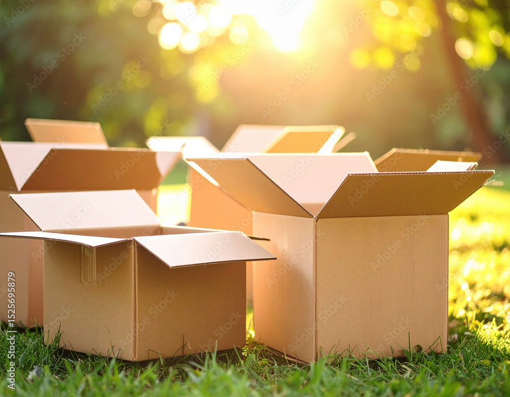 Poster pristine open cardboard boxes are arranged in sunlit outdoor setting, their surfaces gleaming in sof