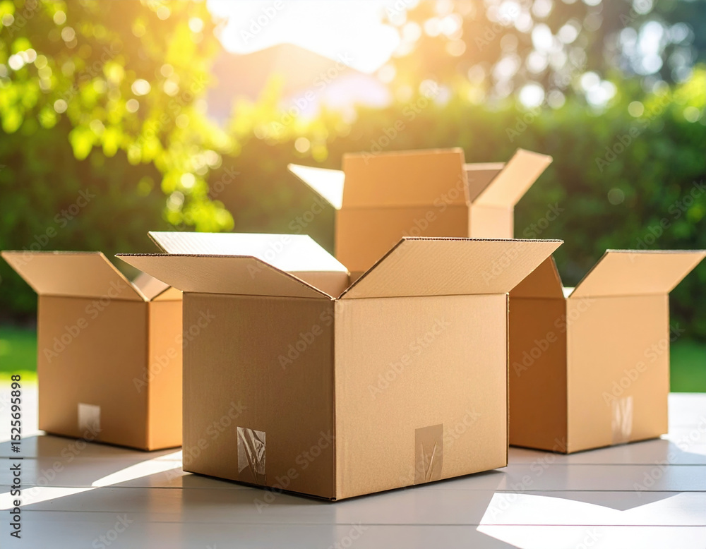 Poster pristine open cardboard boxes are arranged outdoors, their surfaces gleaming in soft sunlight, creat