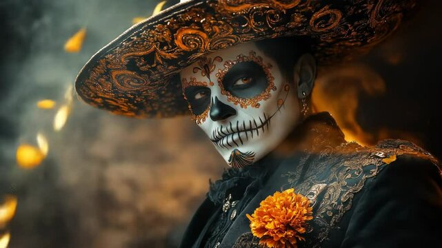 A man in a suit and sombrero with Day of the Dead sugar skull makeup, surrounded by smoke and petals.