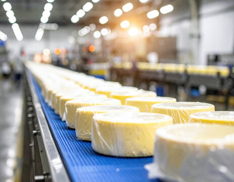 Fresh cheese wheels are neatly arranged conveyor belt modern production facility, showcasing meticulous packaging process. bright lighting enhances vibrant colors of cheese, creating inviting