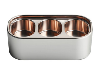 Metal container with three shiny, rounded, empty chambers