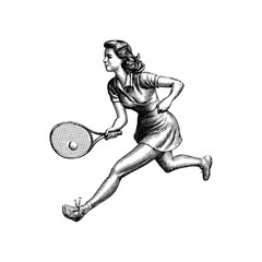 Fototapeta premium Vintage Female tennis player illustration, drawn in an engraved, woodcut style with fine details sketch engraving vector illustration. Scratch board imitation. Black and white image. 