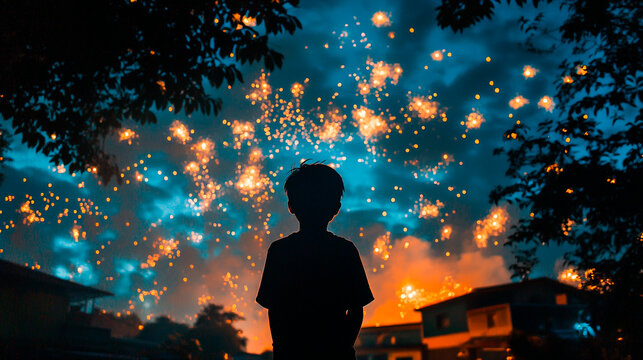 Silhouette of a child watching fireworks display at night with buildings and trees surrounding them