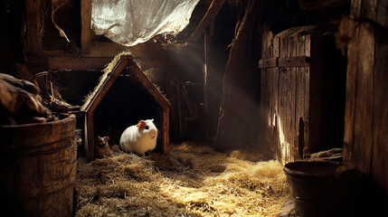 White guinea pig in a wooden house inside a barn illuminated by sunlight streaming through the roof