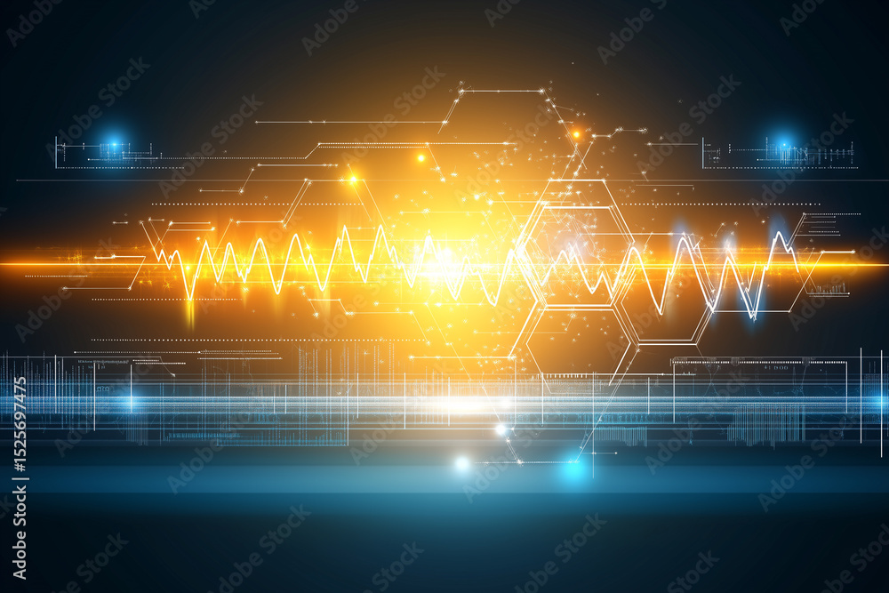 Poster vibrant technology and medical background with hexagons and dynamic patterns in orange and blue