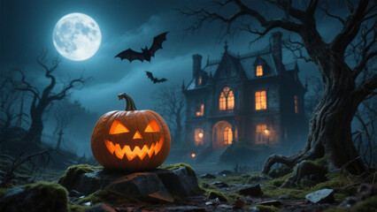 Fototapeta premium A carved pumpkin with glowing orange eyes and a jagged smile sits perched on rocky terrain, its expression mischievous yet sinister. Halloween, Halloween Costumes, Halloween Background