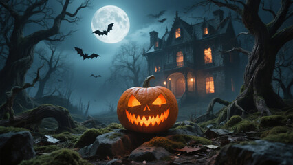 A carved pumpkin with glowing orange eyes and a jagged smile sits perched on rocky terrain, its expression mischievous yet sinister. Halloween, Halloween Costumes, Halloween Background