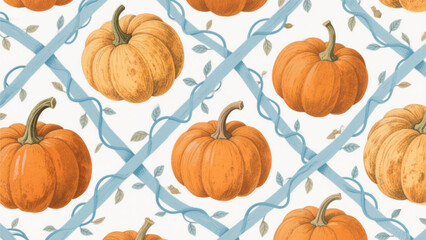A charming and elegant autumn-themed pattern featuring hand-drawn pumpkins in warm orange hues, surrounded by delicate blue vines and leaves on a crisp white background. Halloween, Halloween Costumes