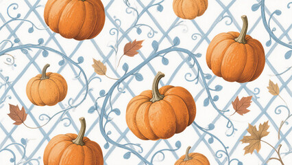 A charming and elegant autumn-themed pattern featuring hand-drawn pumpkins in warm orange hues, surrounded by delicate blue vines and leaves on a crisp white background. Halloween, Halloween Costumes