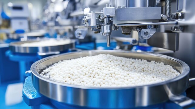Close-up of pharmaceutical granulation machinery blending active ingredients precisely