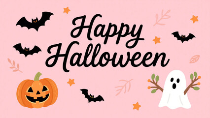 Fototapeta premium A cheerful and whimsical Halloween design with a soft pink background. Halloween, Halloween Costumes, Halloween Background, Happy Halloween