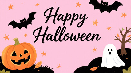 A cheerful and whimsical Halloween design with a soft pink background. Halloween, Halloween Costumes, Halloween Background, Happy Halloween