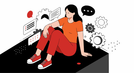 Woman sitting with gears and chat bubbles representing communication and technology in digital illustration style
