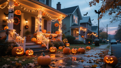 A Halloween scene on a residential street at dusk, illuminated by warm, twinkling lights draped across the houses. Halloween, Halloween Costumes, Halloween Background, Happy Halloween