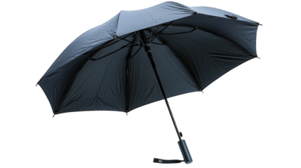 Open, dark gray umbrella with a bent, mechanical handle