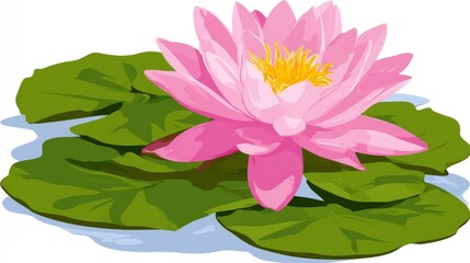 This beautiful stylized illustration portrays a vibrant pink water lily floating gracefully upon green lily pads in calm water.