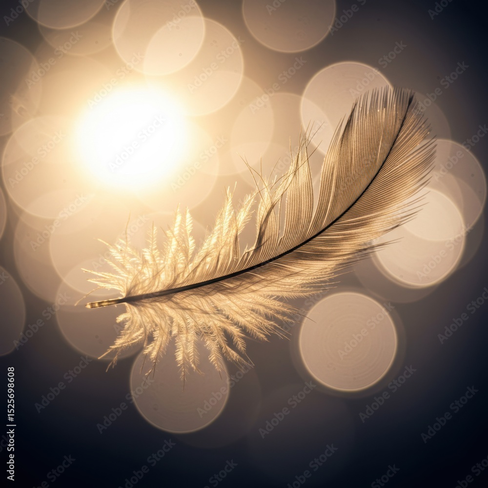 Aufkleber golden feather floating in sunlit bokeh: a serene image of lightness and freedom