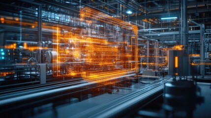 Fototapeta premium Digital twin model of pharmaceutical manufacturing process displayed on a holographic screen