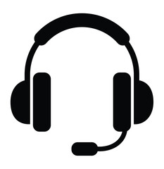 Black silhouette headset with microphone icon. Symbol for customer service, online support, communication, tech help, call center, and virtual assistance. Clean, simple vector graphic.