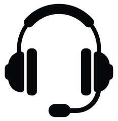 Black silhouette headset with microphone icon. Symbol for customer service, online support, communication, tech help, call center, and virtual assistance. Clean, simple vector graphic.