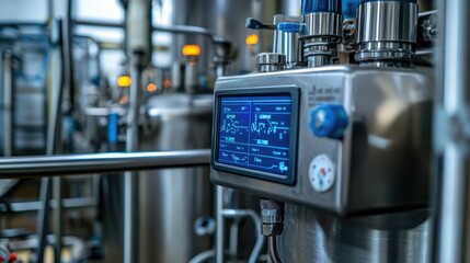 Fototapeta premium Drug mixing tanks with digital sensors showing temperature, pressure, and ingredient ratios
