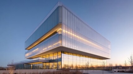 Fototapeta premium Exterior of modern pharmaceutical company headquarters with sleek glass faade and company signage under clear sky