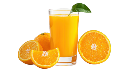 Orange juice glass, oranges, dark backdrop