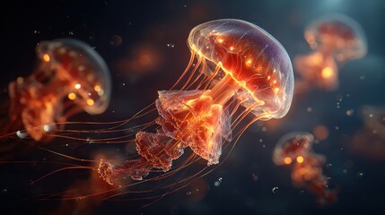 A group of jellyfish are floating in the ocean exhibiting bioluminescence