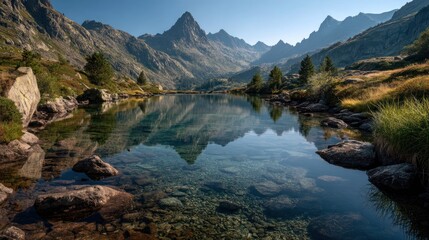 Obraz premium Tranquil mountain lake reflecting rugged peaks beneath a clear blue sky