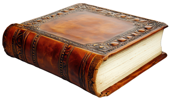 Ornate, antique, brown leather book with thick, aged pages