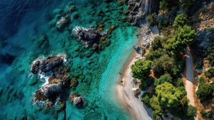 Obraz premium Tropical beach with clear turquoise water and rocky coastline surrounded by lush green trees perfect for nature and travel lovers.