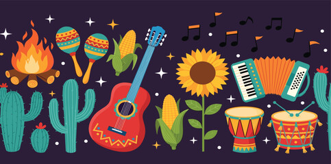 Seamless horizontal Festa Junina celebration border with drum. guitar, sunflower, corn, cactus on dark background. For digital paper, cards, banner. Traditional Celebration Festa Junina background