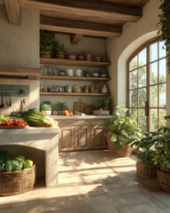 Fototapeta premium Sunlit kitchen with wooden shelves and fresh vegetables promotes health wellness and sustainability through natural light and organic produce.