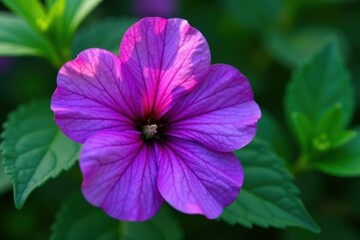 Fototapeta premium Deep purple flower, delicate petals, rich green foliage, purple bloom, plant life, garden