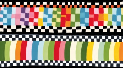 Vibrant abstract pattern design features colorful checkered squares and curved vertical stripes bordered by classic black and white checkerboard designs.