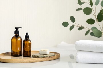 A serene and minimalist bathroom setup featuring amber-colored dispenser bottles for soap or lotion, a small bar of white soap on a stone tray, and neatly folded white towels, accented by a eucalyptus