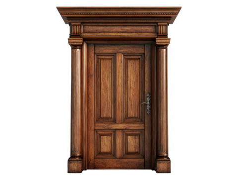Ornate wood door with columns and detailed lintel