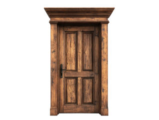 Ornate wooden door with paneling, against black