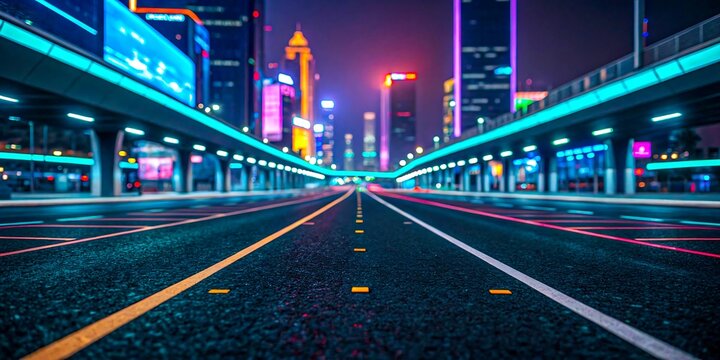 Futuristic neon city street at night with glowing lights and empty road in cyberpunk style
 - Powered by Adobe