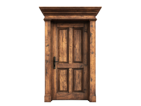 Ornate wooden door with paneling, against black